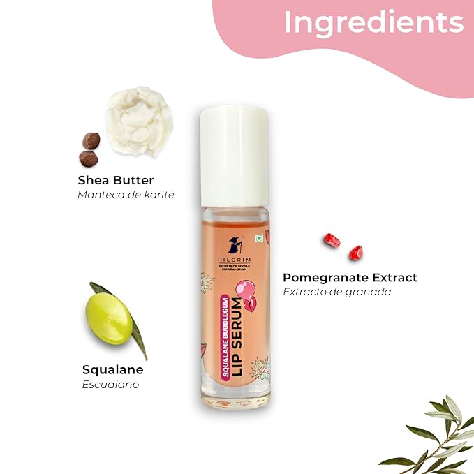 Pilgrim Squalane Bubblegum Lip Serum | Enriched with Shea Butter & Pomegranate Extract | Hydrating Lip Plumper Serum | Repairs Cracked Lips | Reveals Soft & Glossy Lips | 0.20 Fl Oz/6ml-Velvo Beauty