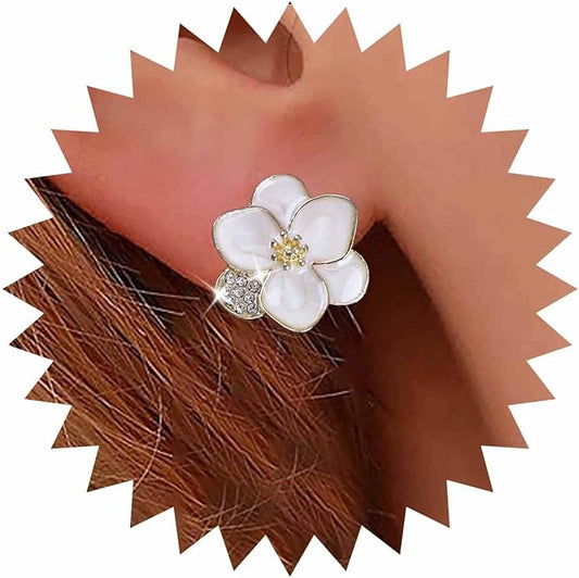 Vintage Enamel Flower Stud Earrings Camellia Flower Earrings Gold Crystal Flower Petal Earrings White Petal Stud Earrings Jewelry for Women-Velvo Beauty