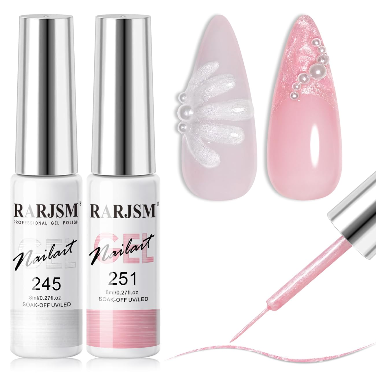 RARJSM Pearl Nail Art Gel Liner 2 Pcs Set Pearlescent Milky Silver White and Pink Shell Glitter Swirl Effect Gel Nail Polish 8ml Build in Thin Brush Painted Drawing Striper GelPolish Curing Requires-Velvo Beauty