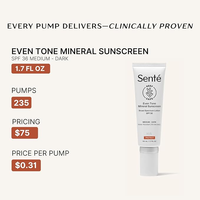 Senté Even Tone Mineral Sunscreen Tinted | SPF 36 Medium-Dark | Hydrating, Lightweight Sun Protection Treatment for Redness & Discoloration | UVA/UVB & Blue Light Defense | 1.7 oz-Velvo Beauty