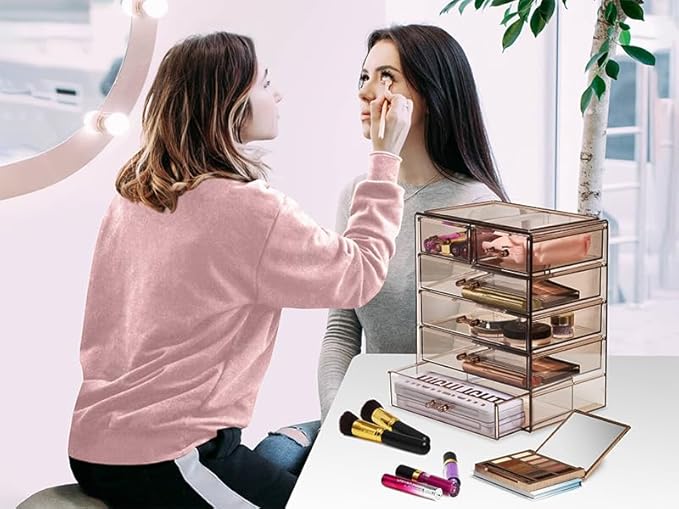Sorbus Acrylic Clear Makeup Organizer - Big & Spacious Cosmetic Display Case - Stylish Designed Jewelry & Make Up Organizers and Storage for Vanity, Bathroom (4 Large, 2 Small Drawers) [Bronze Glow]-Velvo Beauty