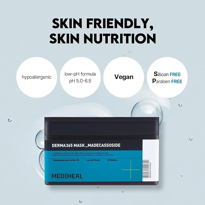 Mediheal Derma 365 Madecassoside Mask (30 Masks) - Daily Skin Care Mask for Deeply Comforting and Calming Skin with Madecassoside-Velvo Beauty