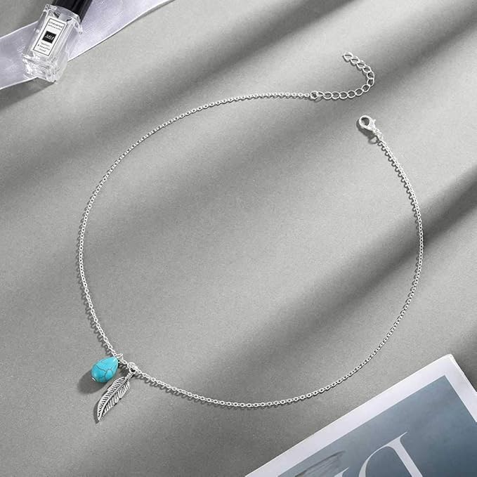 Boho Turquoise Necklaces Silver Feather Pendant Necklace Chain Short Delicate Dainty Necklaces Jewelry for Women-Velvo Beauty
