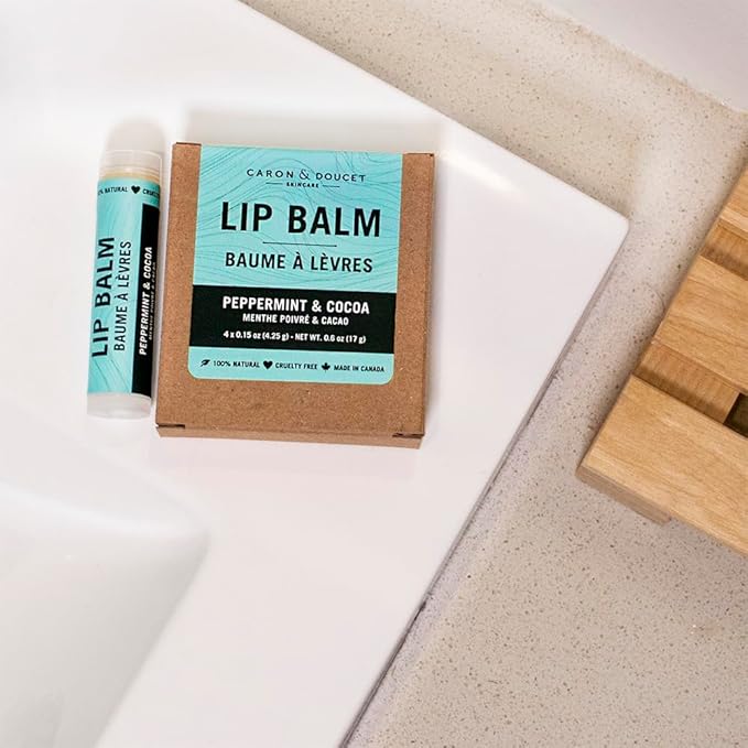 Caron & Doucet - 100% Natural Lip Balm - Premium Beeswax & Olive Oil Moisturizing Lip Balm - Best for Dry Chapped Lips. (Pack of 4, Peppermint & Cocoa)-Velvo Beauty