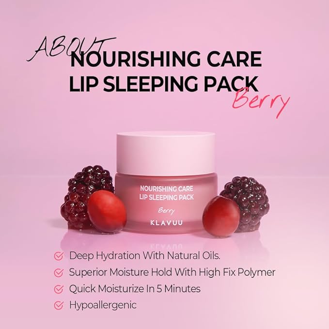 Klavuu Nourishing Care Lip Sleeping Pack(Berry & Berry) - Overnight Exfoliating & Nourishing Lip Treatment Balm for Dry Lips - Natural Moisturizing Lip Oil - Lip Balm to Repair & Protect Lips-Velvo Beauty