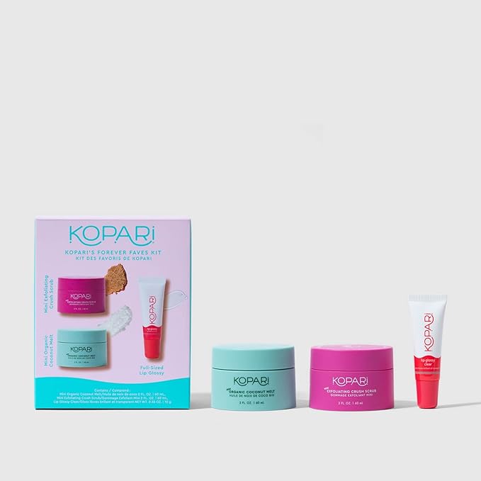 Kopari Forever Faves Bundle | Mini Organic Coconut Melt, Exfoliating Mini Coconut Crush Scrub, Clear Moisturizing Lip Glossy | Body and Lip Kit to Soothe and Hydrate Dry Skin | Cruelty Free, Vegan-Velvo Beauty