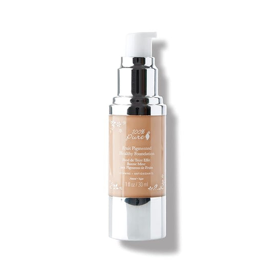 100% PURE Healthy Foundation Full Face Coverage Makeup, Liquid Matte Finish with Anti-Aging Benefits - Vegan Gorgeous Fruit Pigmented Peach Bisque Color (Medium with Olive Undertone) - 1 Fl Oz-Velvo Beauty