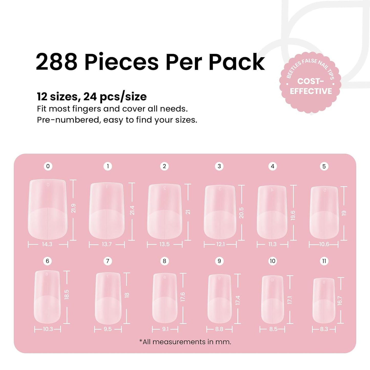 Beetles Short Square Nail Tips, 12 Sizes 288pcs French Full Matte Soft Pre-shaped Etch X Nail Tips, Full Cover False Nails Fake Acrylic Nails No Filing Needed for Nail Extensions Home DIY Nail Salon-Velvo Beauty
