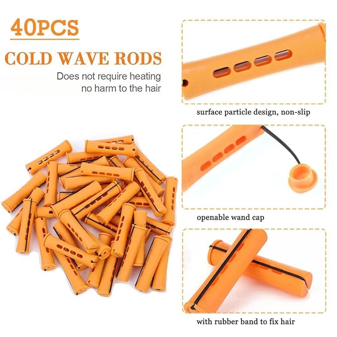 40pcs Cold Wave Perm Rods Set for Women's Long & Short Natural Hair - Plastic Orange Rollers for Curling and DIY Hairdressing-Velvo Beauty