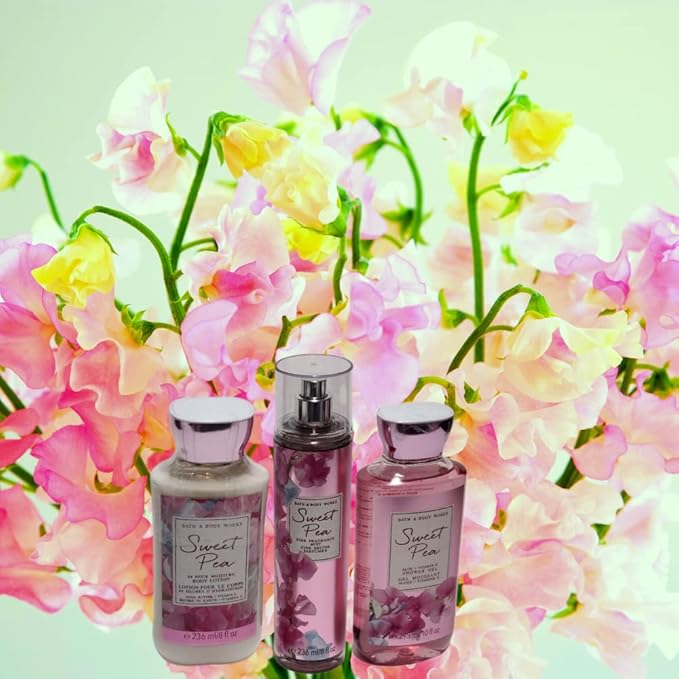 Bath and Body Works Sweet Pea Set, Body Lotion, Shower Gel and Fragrance Mist, Full Size-Velvo Beauty