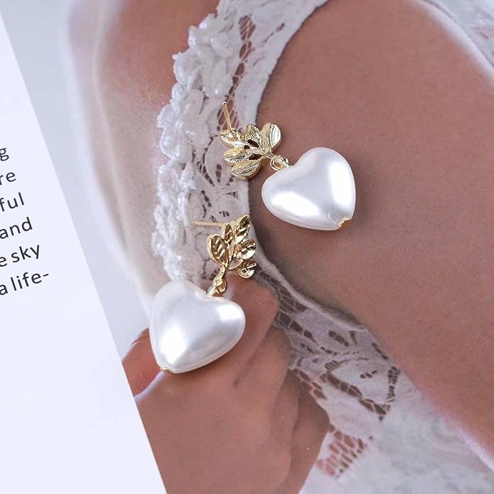 Vintage Pearl Heart Dangle Earrings Heart Pearl Drop Earrings Gold Leaf Stud Earrings Heart Love Earrings Jewelry for Women-Velvo Beauty