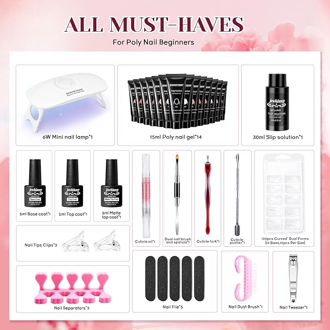 JEWHITENY 14 PCS Poly Nail Gel Kit Poly Extension Gel Kit Starter Kit With Slip Solution Professional Extension Set With LED Lamp Nail Art Design Beginner All In One-Velvo Beauty
