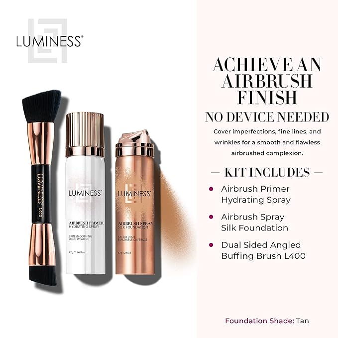 LUMINESS Airbrush Spray Silk Foundation Starter Kit - Tan - Foundation, Primer & Dual-Sided Angled Buffing Brush - Medium, Buildable Coverage, Anti-Aging Formula Hydrates & Moisturizes-Velvo Beauty