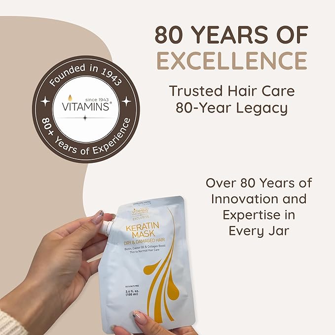 VITAMINS hair cosmetics Keratin Hair Mask - Deep Repair Conditioner with Biotin & Castor Oil - For Damaged, Dry, Curly, Straight, Thin & Fine Hair - Intense Collagen Protein Treatment-Velvo Beauty