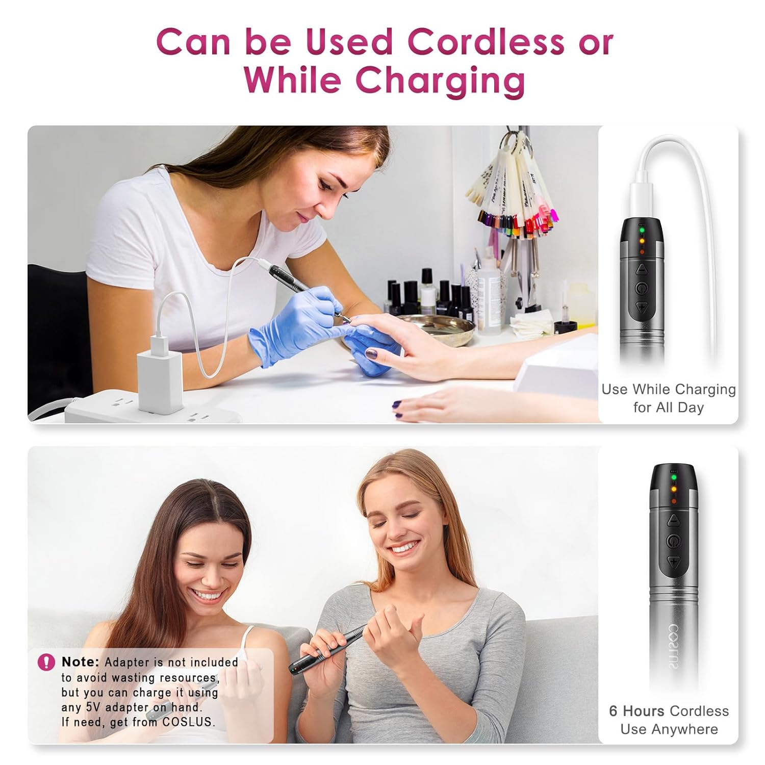 COSLUS Cordless Nail Drill Electric File: Professional for Acrylic Gel Dip Powder Nails Portable Nail Drill Machine Kit for Manicure Pedicure Nail Set with Everything Rechargeable Lightweight-Velvo Beauty
