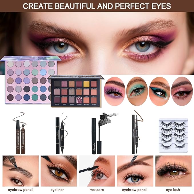All in One Makeup Kit for Women Full Kit,Travel Makeup Set,Makeup Gift Set for Girls & Teen,Professional Makeup Kit Includes lash Clusters Kit Eyeshadow Lipstick Brow Pencil Eyeliner Brush Set-Velvo Beauty