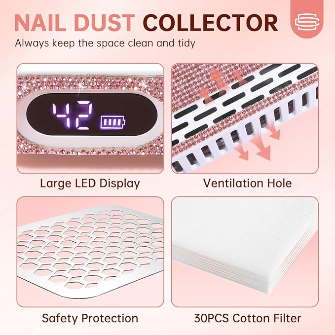 Nail Dust Collector, Rechargeable Dust Collector Nail Tech, Powerful Vacuum Fan Vent Dust Collector Extractor Dust Suction Machine for Acrylic Nails Polishing, Nail Salon&Home, Pink-Velvo Beauty