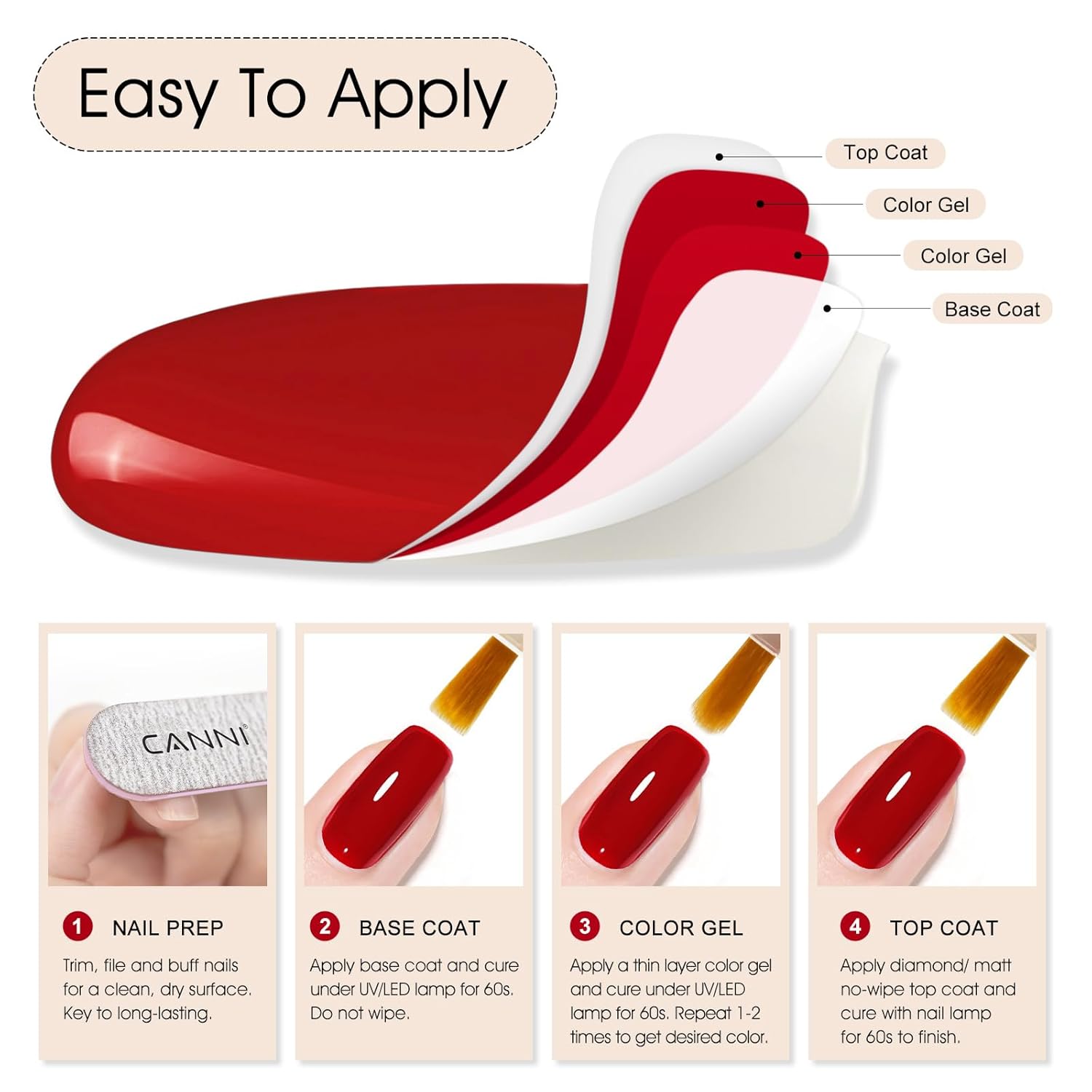 CANNI Gel Nail Polish Red Colors, 1Pcs Red Gel Polish High Gloss Soak Off UV Nail French Nail Manicure Salon DIY-Velvo Beauty