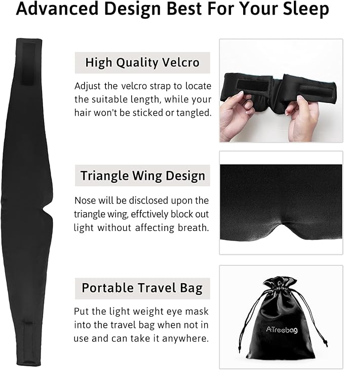 Silk Sleep Mask for Women Men, Mulberry Silk Eye Sleeping Mask & Blindfold with Adjustable Velcro Strap, Blackout Eye Cover for Sleep Travel Yoga Nap, Large Size, Black-Velvo Beauty