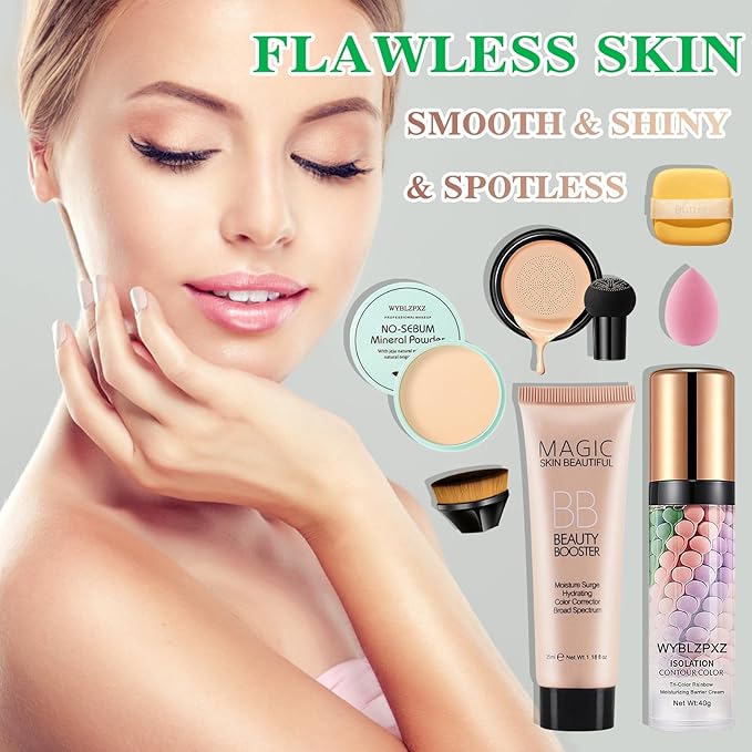 Mushroom Head Air Cushion CC Cream + BB Cream + Tri-color Color Corrector Isolation Cream Foundation Set Moisturizing Full Coverage Foundation Concealer Lasting Foundation Makeup Base Primer（7 Pcs）-Velvo Beauty