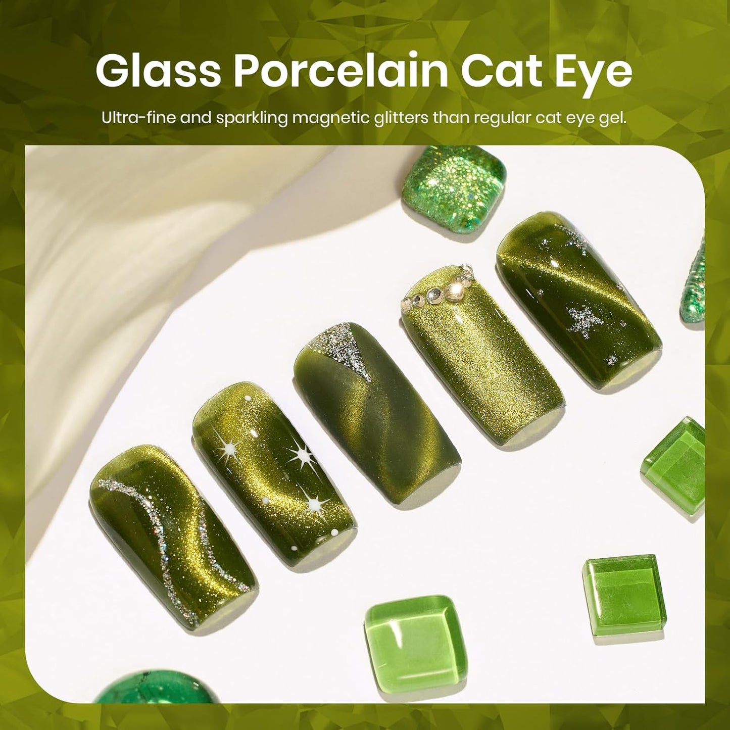 Beetles Olive Green Cat Eye Gel Nail Polish, 15ML Holographic Glitter Magnetic Soak Off UV Nail Art Manicure Gifts for Women-Velvo Beauty