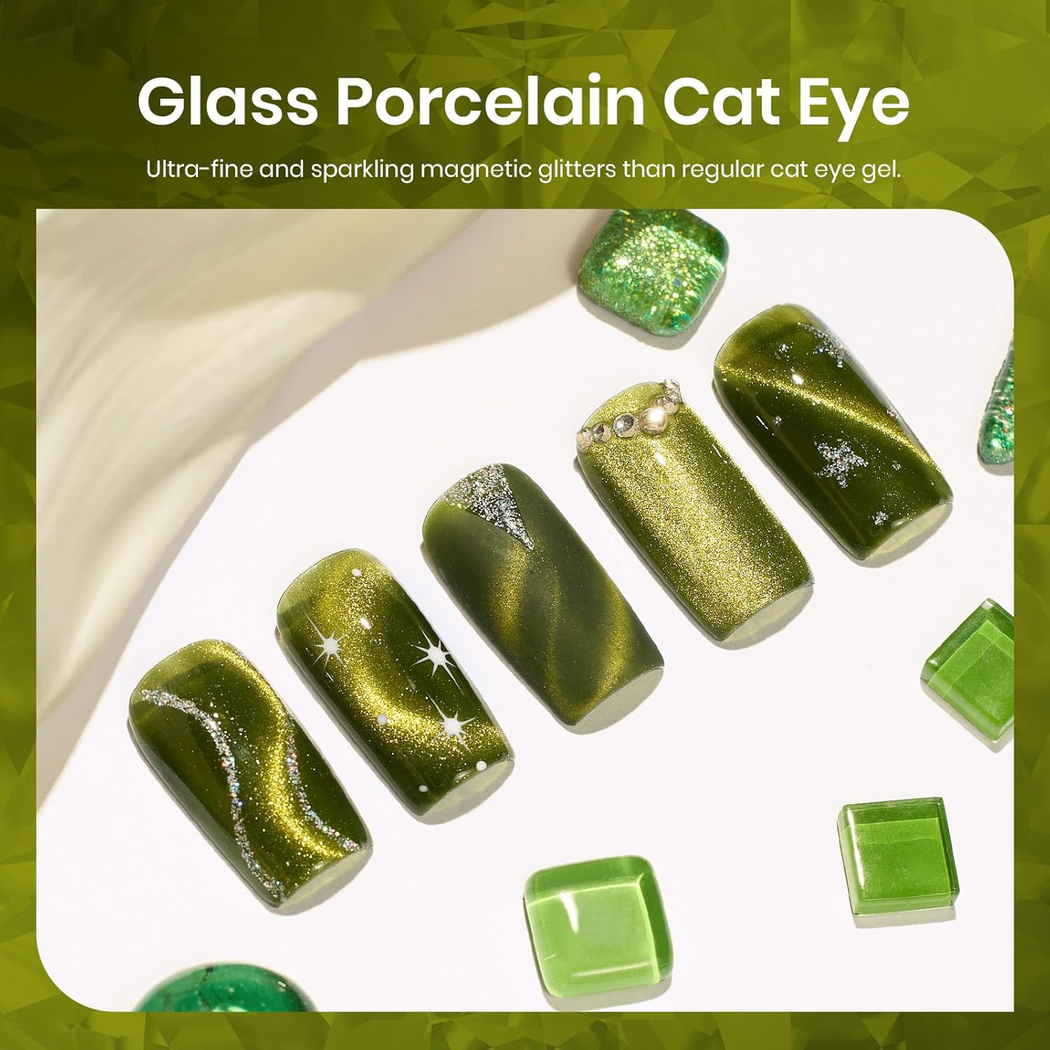 Beetles Olive Green Cat Eye Gel Nail Polish, 15ML Holographic Glitter Magnetic Soak Off UV Nail Art Manicure Gifts for Women-Velvo Beauty