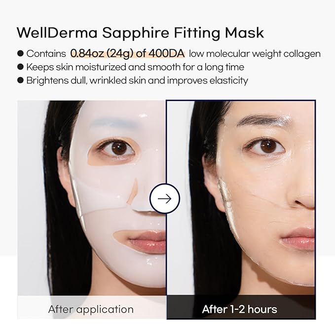 WELLDERMA Sapphire Collagen Face Mask Premium Impact Fitting Overnight Face Mask 16EA-Korean Face Sheet Mask for all skin type-Hydrating facial mask sheets-Patented Structure Hydrogel Type-Niacinamide-Velvo Beauty
