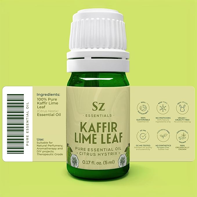 Kaffir Lime Leaf Essential Oil -100% Pure and Undiluted - Extracted from Citrus Hystrix Leaves - Earthy & Citrusy Scent with Fruity Overtones - Therapeutic Grade & Vegan - 0.17oz (5ml)-Velvo Beauty