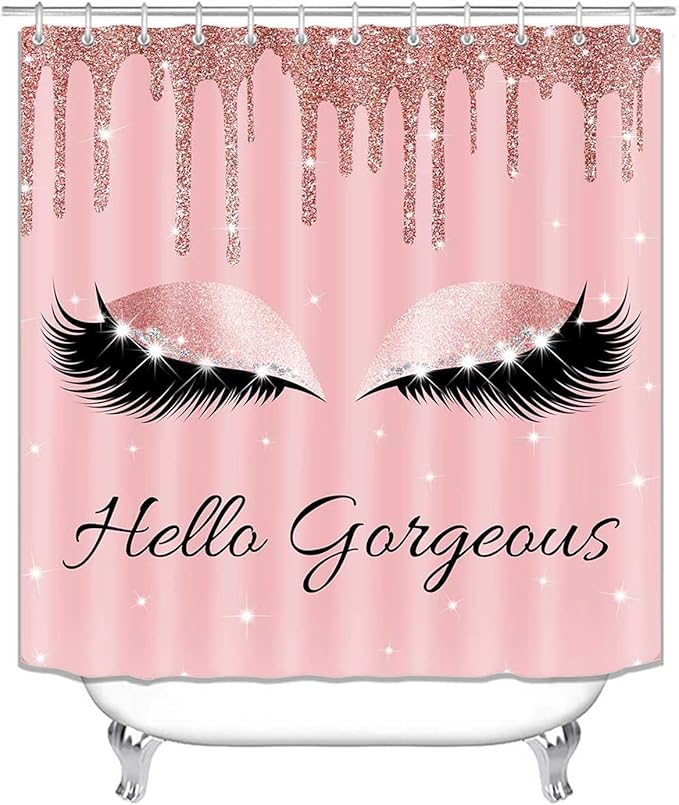 4PCS Hello Gorgeous Unicorn Eyelash Shower Curtain Set Luxury Diamond Rose Gold Glitter Eyeshadow Makeup Pink Glam Beauty Fashion Girly Women Bathroom Decor Non-slip Bath Mat Toilet Rug, Bling-Velvo Beauty