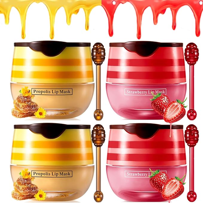 Honey Lip Balm Pot, 4 PCS Honey & Strawberry Lip Sleeping Mask Hydrating Propolis Lip Balm with Stick, Prevention Dry and Cracked Lip Scrubs Reduces Lip Wrink (2 Honey+2 Strawberry)-Velvo Beauty
