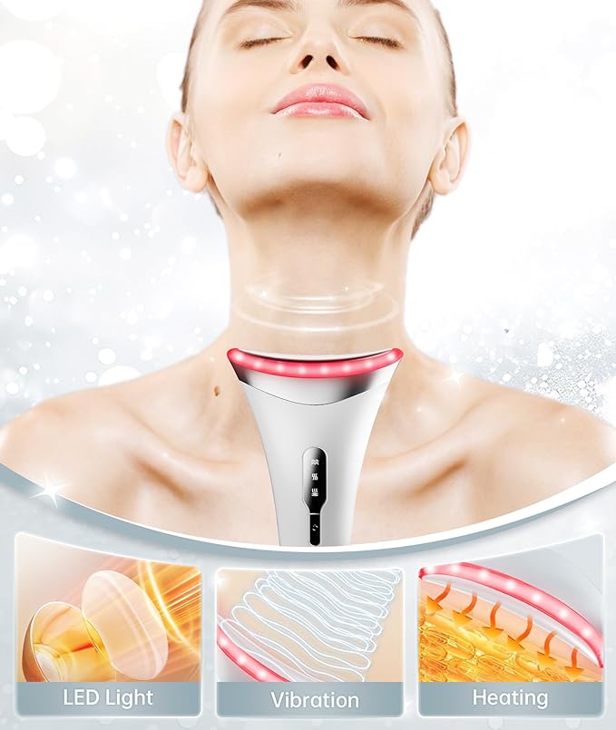 Red Light Therapy for Face and Neck, 7 Color Facial Massager with Adjustable Vibration and Thermals for Wrinkles, Double Chin, Portable Skin Care Tool with Base, White-Velvo Beauty