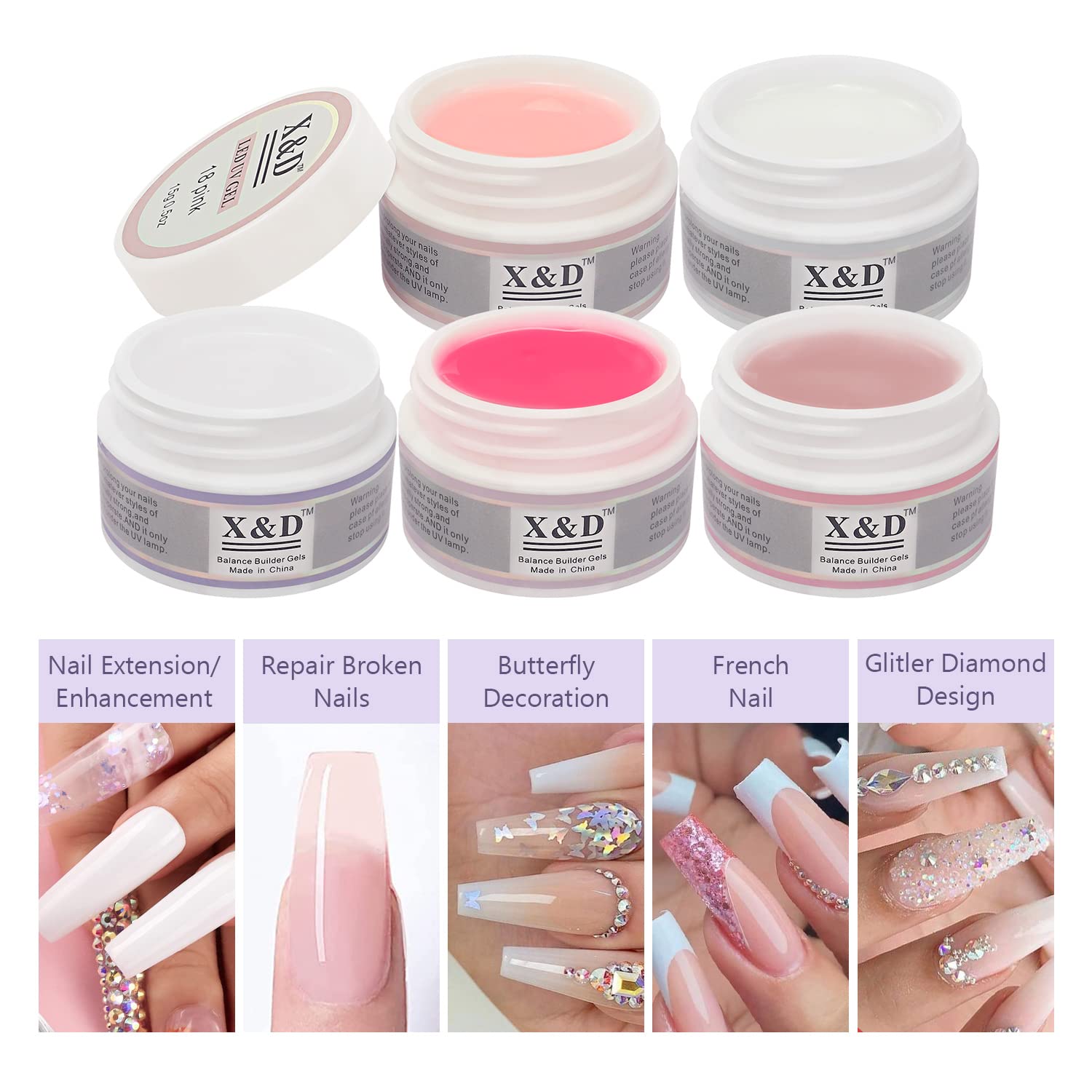 X&D Gel Nail Polish Kit Polygel Quick Dry Natural Clear 5 Colors Nail Extension with Dual Forms, Brush, File Set-Velvo Beauty