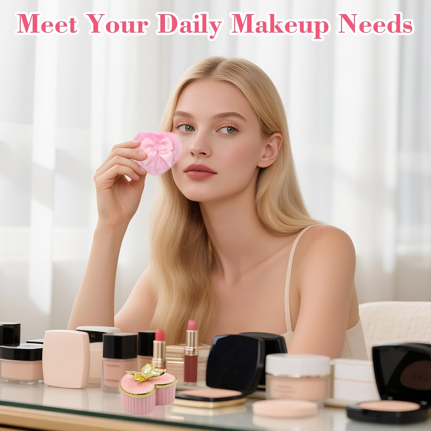 Large Body Powder Puff and Container, Ceramics Dusting Powder Container with 2 PCS Washable Heart Shaped Body Puff, Butterfly Dusting Case for Wet and Dry Makeup (Pink)-Velvo Beauty