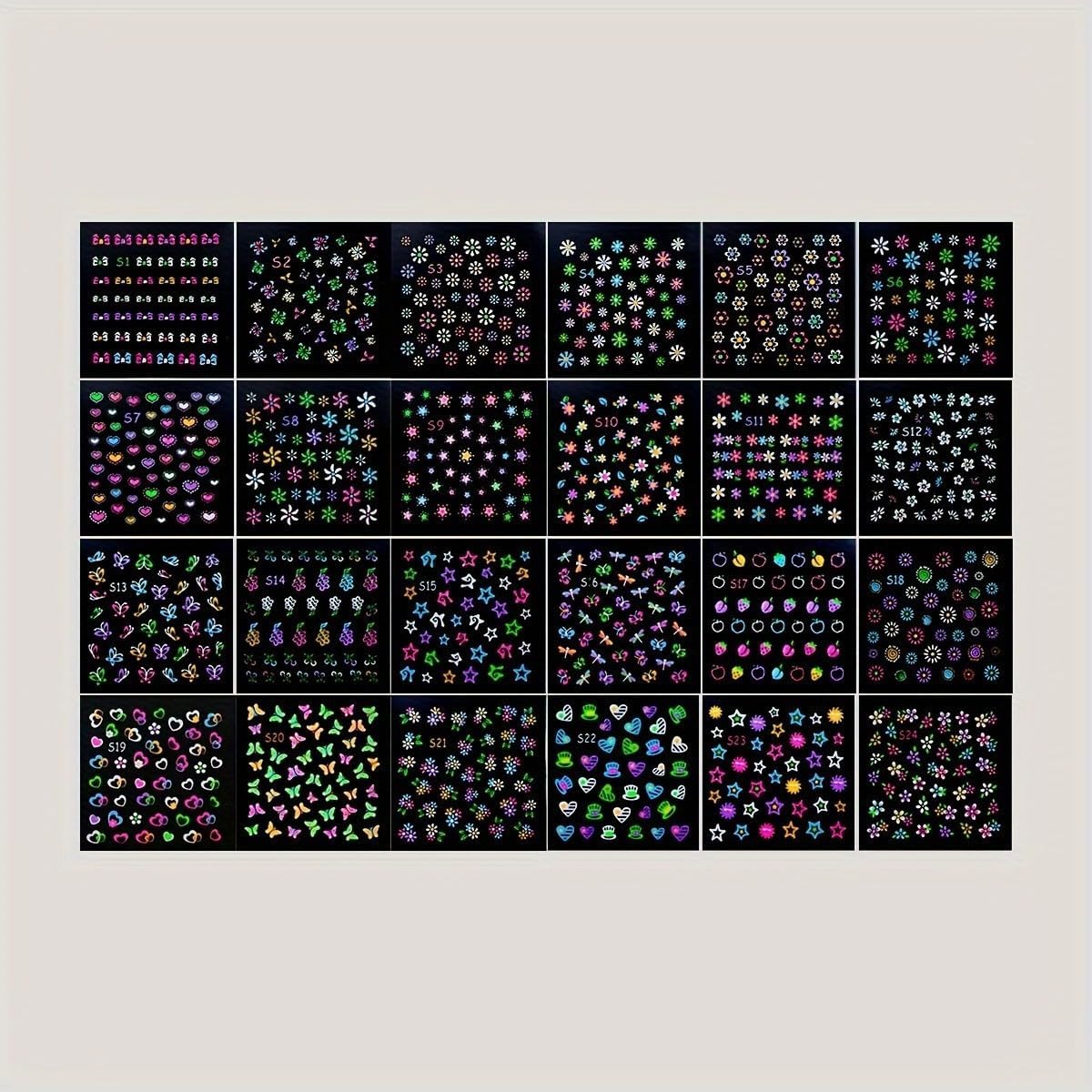 Fluorescence 30 Sheets Flowers Nail Stickers 3D Self-Adhesive Nail Art Charms Sticker Decals for Crafts Supplies Accessories (ST-N)-Velvo Beauty