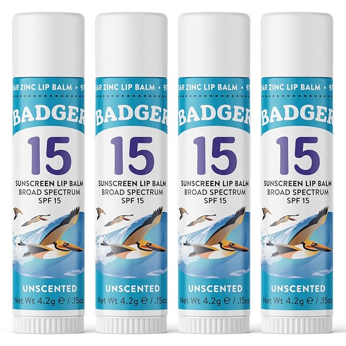 Badger Sunscreen Lip Balm SPF 15, Organic Mineral Sunscreen SPF Lip Balm with Zinc Oxide, Reef Friendly, Broad Spectrum, Water Resistant, Unscented, .15 oz (4 Pack)-Velvo Beauty