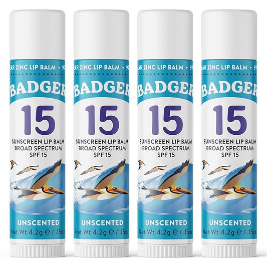 Badger Sunscreen Lip Balm SPF 15, Organic Mineral Sunscreen SPF Lip Balm with Zinc Oxide, Reef Friendly, Broad Spectrum, Water Resistant, Unscented, .15 oz (4 Pack)-Velvo Beauty