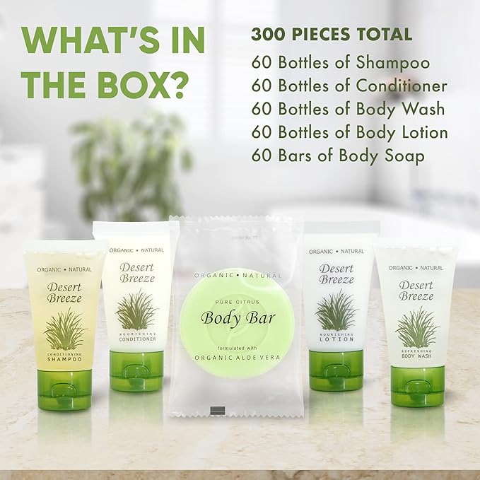 Desert Breeze Hotel Soaps and Toiletries Bulk Set | 1oz Hotel Shampoo & Conditioner, Body Wash, Body Lotion & Bar Soap | Travel Size Toiletries 300 Pieces-Velvo Beauty