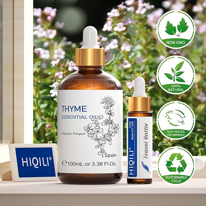 HIQILI 3.38 Fl Oz Thyme Essential Oil, 100% Pure Undiluted for Hair, Skin, Diffuser, Aromatherapy, Includes 10ML Travel Bottle - 100ML-Velvo Beauty