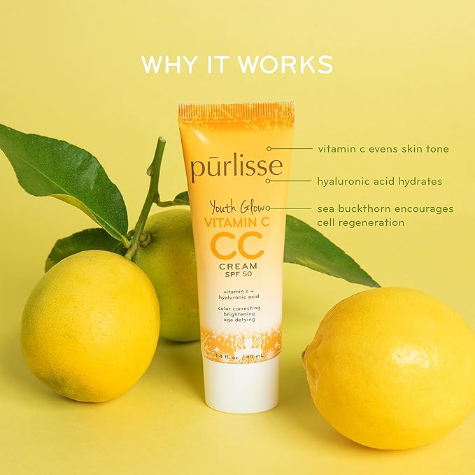 pürlisse Youth Glow Vitamin C CC Cream with SPF 50 - Color Corrector Enriched with Sea Buckthorn, Vitamin C & Hyaluronic Acid - Boosts Radiance & Youthfulness - Paraben-Free - Medium (1.4 oz)-Velvo Beauty