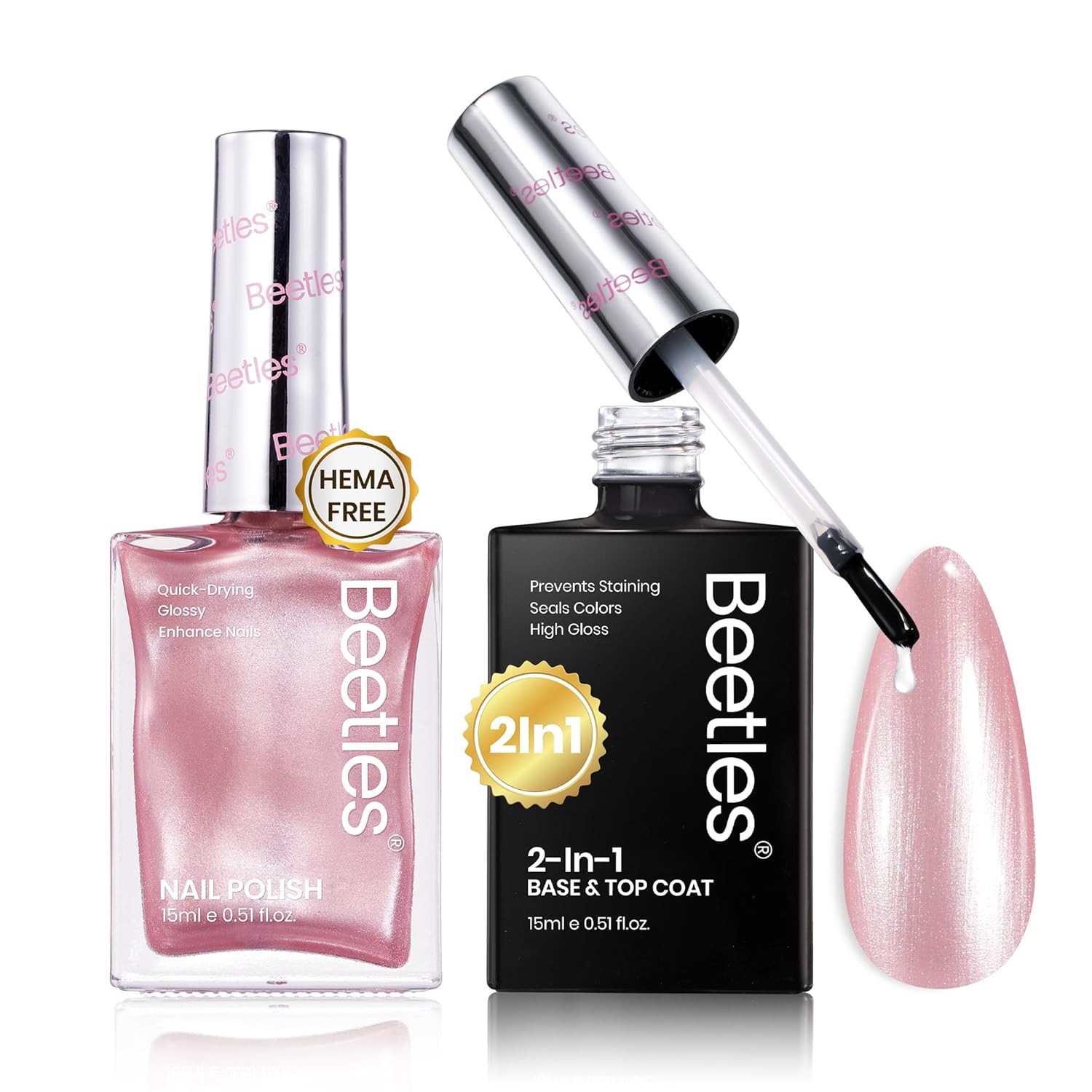Beetles Nail Polish,15 ML Pearl Pink Nail Polish with 2 in 1 Base Top Coat -Fast Drying & Long Lasting Pearl Romantic Reverie Valentine's Day Gift for Women-Velvo Beauty