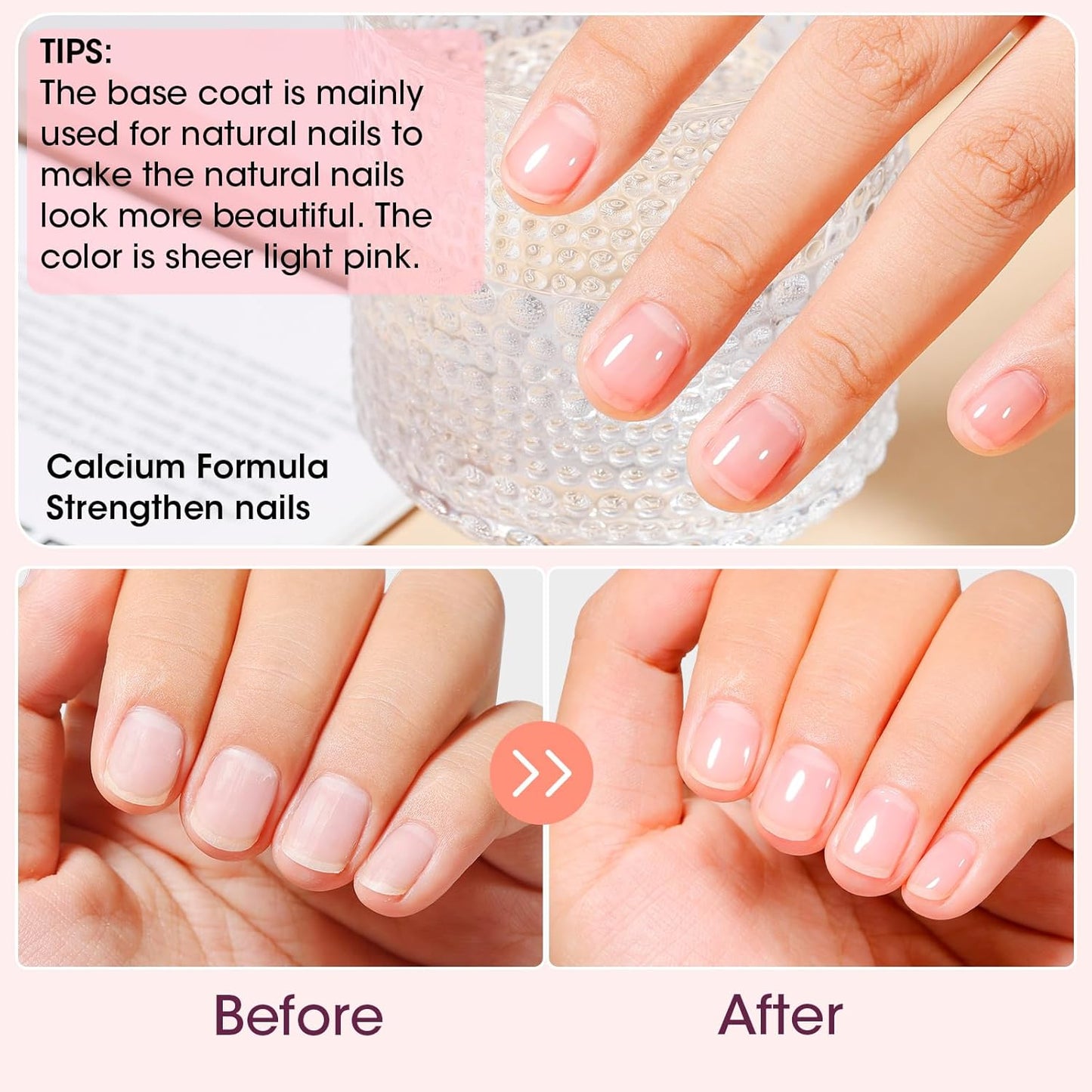 GELLEN Clear Nail Polish Base Coat Sheer Tinted Pink, Natural Color Regular Nail Polish, Calcium Formula Strengthens Nails, Enhances Natural Look, Quick Air Dry, Hema Free, Non-toxic, Anti-yellowing-Velvo Beauty