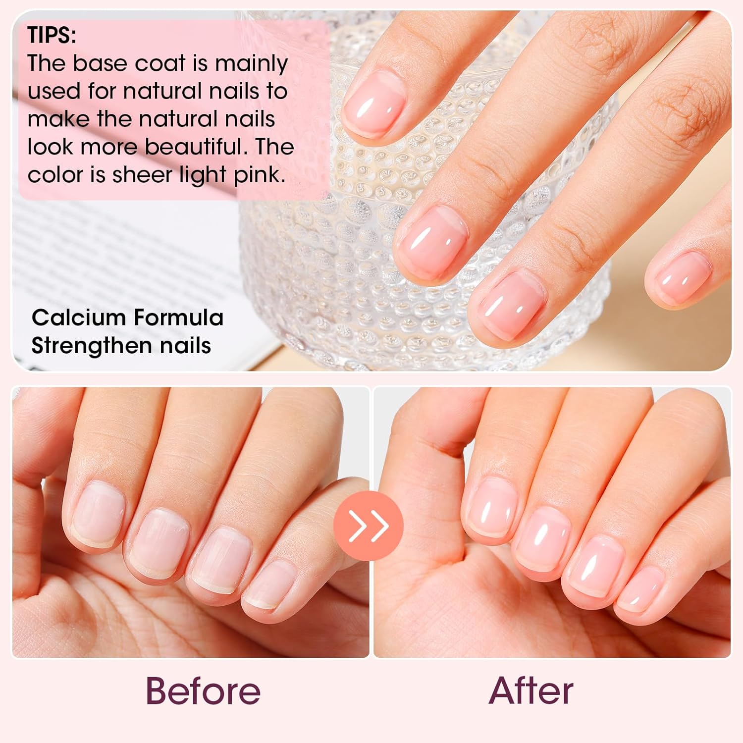 GELLEN Clear Nail Polish Base Coat Sheer Tinted Pink, Natural Color Regular Nail Polish, Calcium Formula Strengthens Nails, Enhances Natural Look, Quick Air Dry, Hema Free, Non-toxic, Anti-yellowing-Velvo Beauty