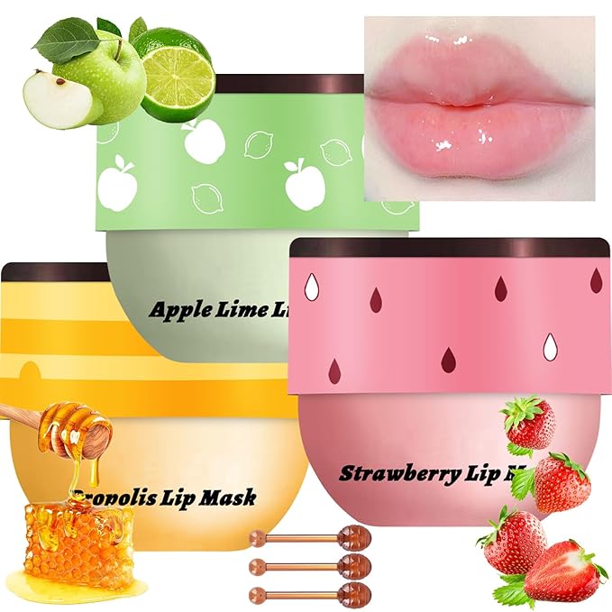 3 Pcs Bee Lip Balm Honey Pot, Honey Strawberry Apple Lip Mask Overnight, Moisturizing Lip Sleeping Mask, Hydrate Repair Prevent Dry Cracked Lip Exfoliator Lip Care (Honey+Strawberry+Apple Lime)-Velvo Beauty