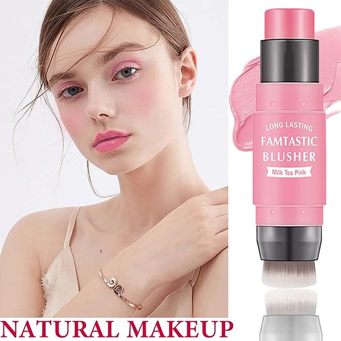 Cream Blush Stick,Blush Stick for Cheeks with Contour Brush,3-in-1 Long Lasting Waterproof Blush&Eye Shadow&Lip Gloss for Fair Skin Types（01 Milk Tea Pink）-Velvo Beauty