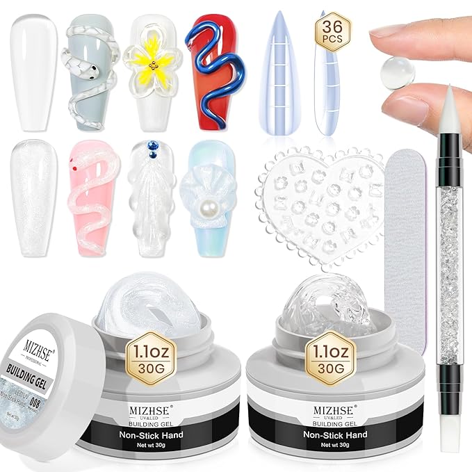 MIZHSE Solid Builder Gel for Nails Kit: 2PCS 30g 3D Pearl White & Clear Hard Gel for Nailswith Nail Forms 3D Silicone Mold Soak off U V LED Builder Gels for Extension Home Manicure-Velvo Beauty