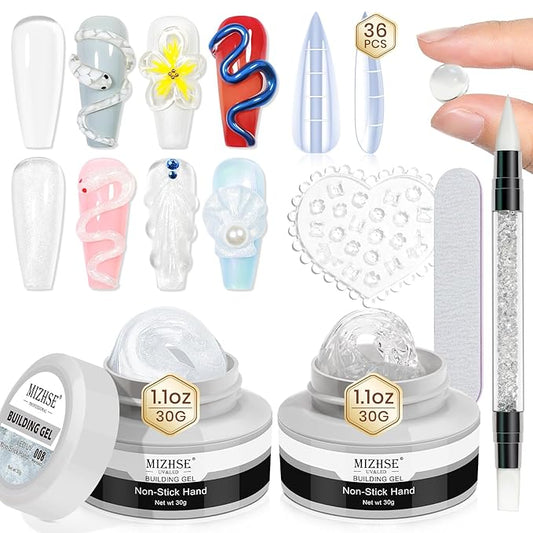 MIZHSE Solid Builder Gel for Nails Kit: 2PCS 30g 3D Pearl White & Clear Hard Gel for Nailswith Nail Forms 3D Silicone Mold Soak off U V LED Builder Gels for Extension Home Manicure-Velvo Beauty