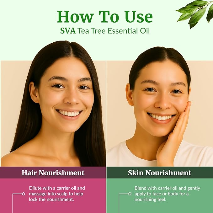 SVA Tea Tree Essential Oil – 4 Fl Oz – 100% Natural Tea Tree Oil - for Diffuser, Hair Care, Face, Skin Care, Aromatherapy, Scalp and Body Massage, Soap and Candle Making – with Dropper-Velvo Beauty