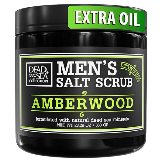 Salt Body Scrub Amberwood For Men – Moisturizes, Exfoliates & Nourishes Skin – Cleanses & Detoxifies with Dead Sea Minerals - Dead Sea Collection – 23.28 OZ-Velvo Beauty
