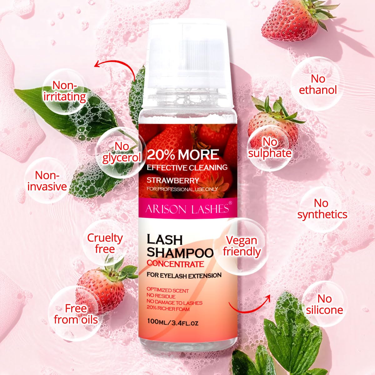 ARISON LASHES Lash Shampoo Concentrate for Lash Extensions 100ML Eyelash Cleanser Concentrate Oil-Free Eyelash Extension Shampoo with Salon Home Care(Strawberry)-Velvo Beauty