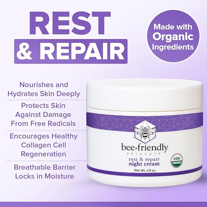 BeeFriendly Organic Night Cream, USDA Certified Organic, Deep Hydrating & Moisturizing Night Time Eye, Face, Neck & Decollete Cream for Women and Men, Anti Aging, Anti Wrinkle 2 oz-Velvo Beauty